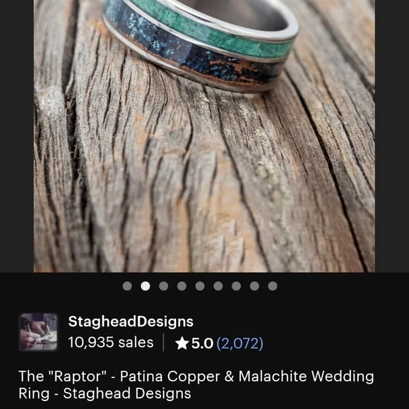 Handmade Petina Crushed Copper and Malachite Titanium Mens Wedding Ring sz9 - Picture 9 of 9